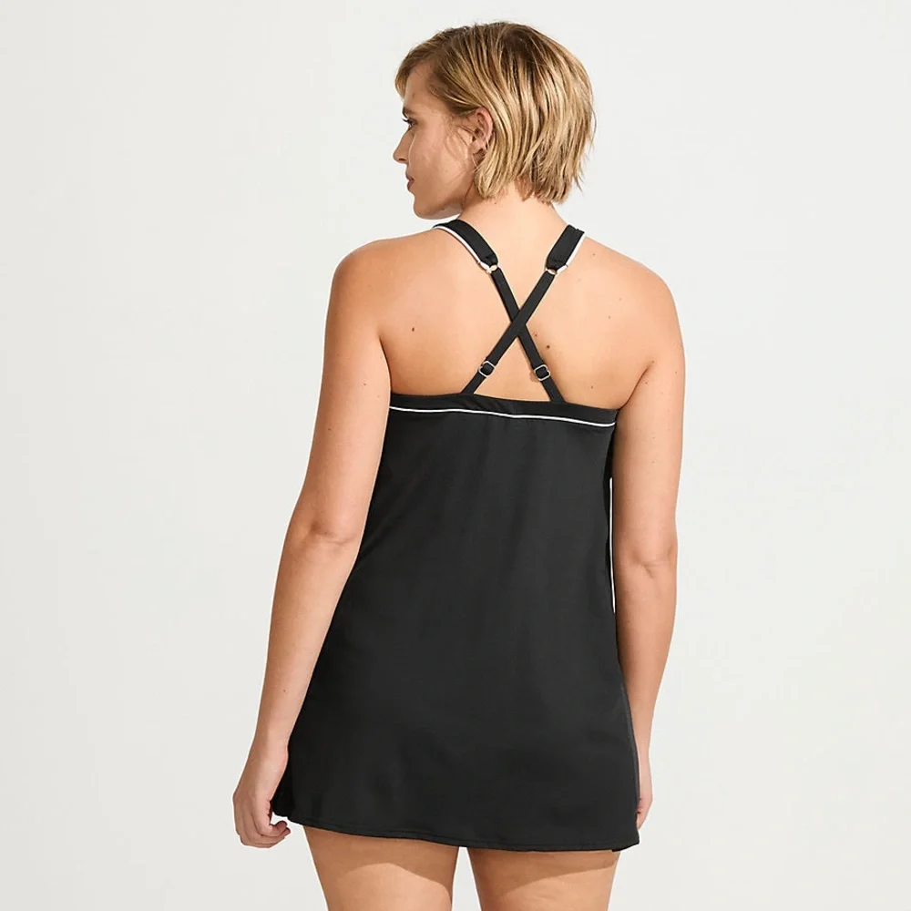 Lands End Swim Dress One Piece Swimsuit Swimdress High Neck Black White 16 DDD